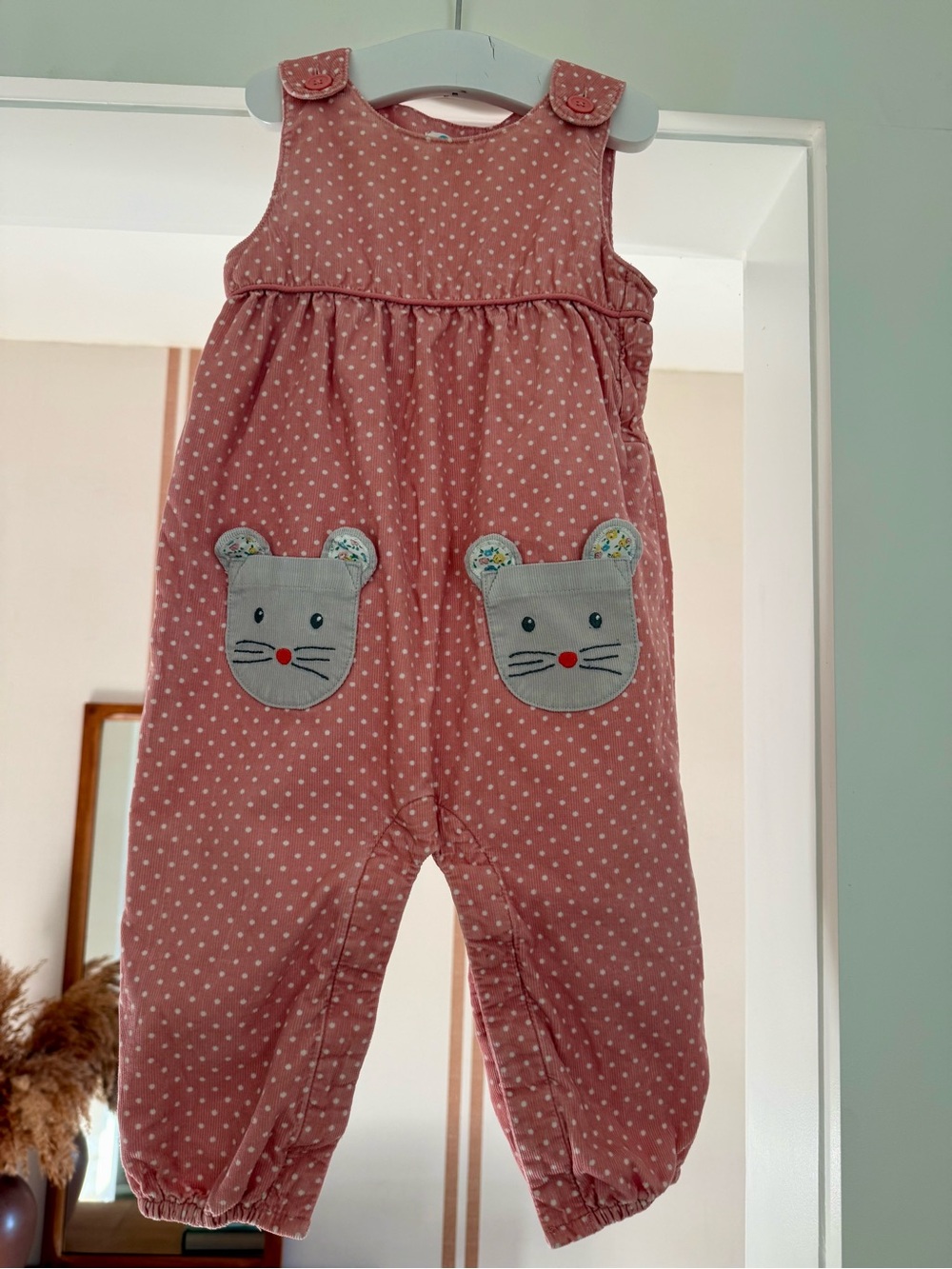Mini Boden Corduroy Polka Dot Mouse Overalls Sz 12-18 Months EUC